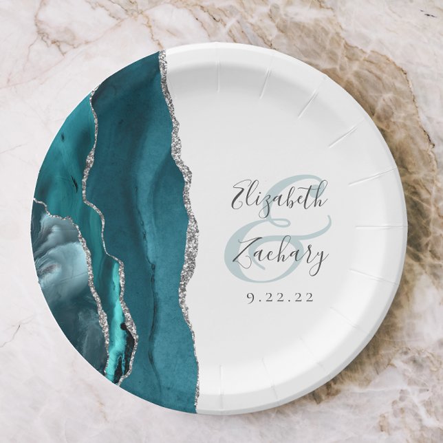 Assiettes En Carton Mariage Agate Geode Script Turquoise Argent (Créateur téléchargé)