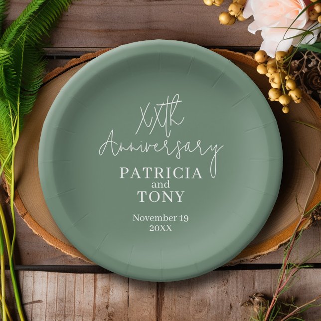 Assiettes En Carton Mariage Anniversaire Personnalisé Sage Vert Modern (Personalized Wedding Anniversary Party Plates)