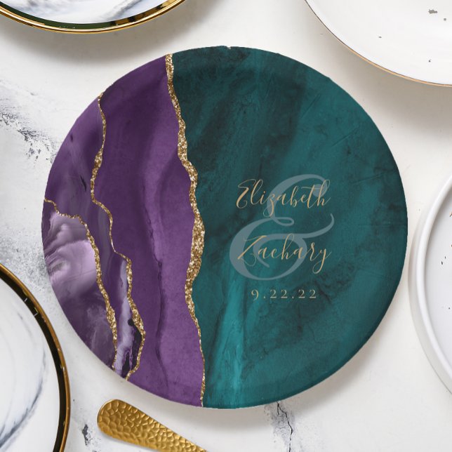Assiettes En Carton Mariage Aquarelle Agate Script Violet Or Turquoise (Créateur téléchargé)