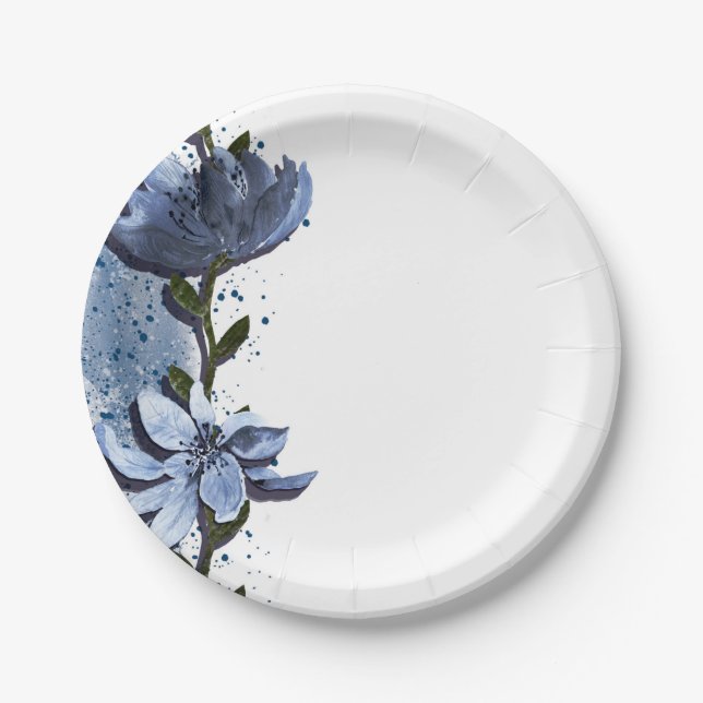 Assiettes En Carton Mariage Aquarelle Fleurs Bleues Modernes (Devant)
