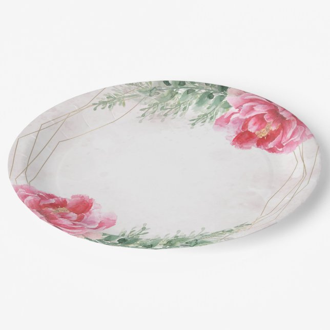 Assiettes En Carton Mariage Aquarelle Floral Rose Foncé et Verdure (Angle)