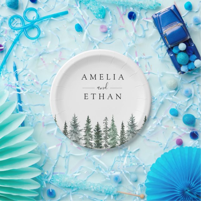 Assiettes En Carton Mariage aquarelle hivernal en forêt (Fête)