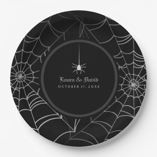 Assiettes En Carton Mariage araignée toile d'araignée Halloween noir e (Devant)