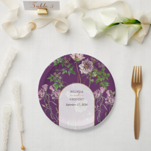 Assiettes En Carton Mariage Arche Florale Violette de Verdure en Or