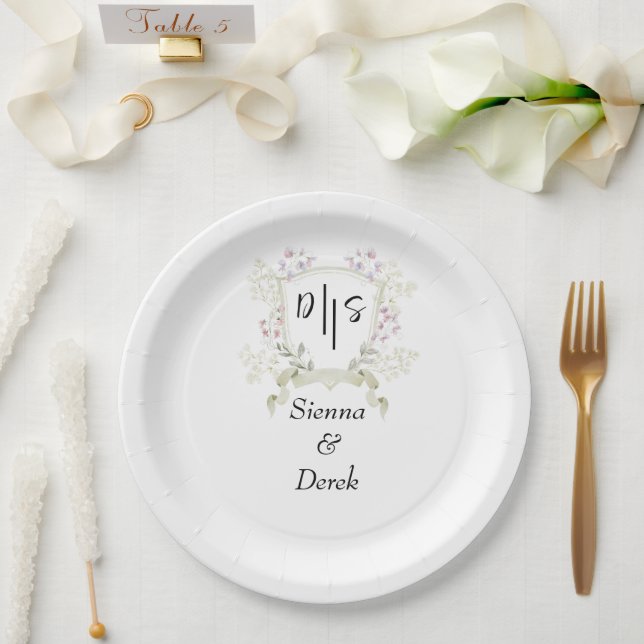 Assiettes En Carton Mariage Armoirie Monogramme Fleur Sauvage Crépuscu (Mariage)