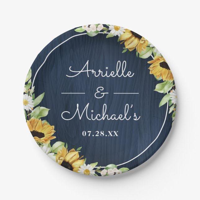 Assiettes En Carton Mariage Arrière - plan Rustic Sunflower Navy Blue  (Devant)