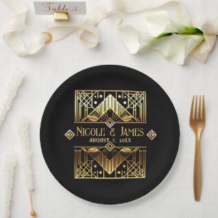 Assiettes En Carton Mariage Art Déco Noir et Or