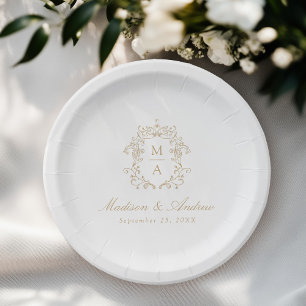 Assiettes En Carton Mariage au Blason de Monogramme de Chinoiserie Dor