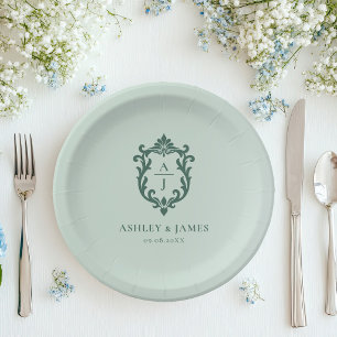 Assiettes En Carton Mariage au blason orné vintage vert