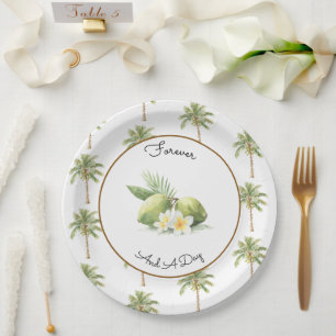 Assiettes En Carton Mariage au palmier tropical vert