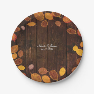 Assiettes En Carton Mariage Automne Feuilles Dorées Rustiques sur Bois
