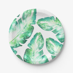 Assiettes En Carton Mariage aux feuilles tropicales blanches et vertes