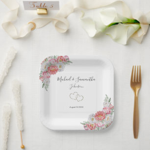 Assiettes En Carton Mariage aux Pivoines Roses et Blanches