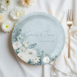 Assiettes En Carton Mariage aux Roses Blanches Hellébores Eucalyptus A