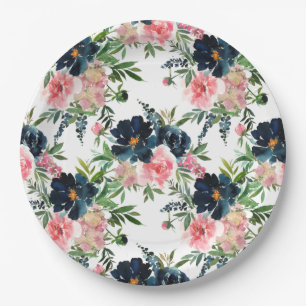 Assiettes En Carton Mariage aux roses florales roses et bleu marine
