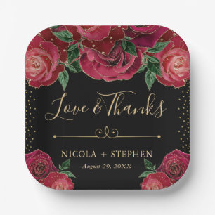 Assiettes En Carton Mariage aux Roses Glam Rouge et Or Aquarelle