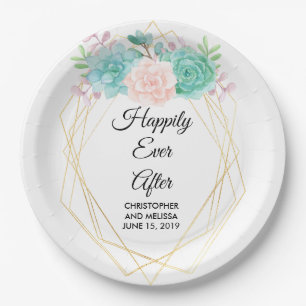 Assiettes En Carton Mariage aux succulentes aquarelles roses et vertes