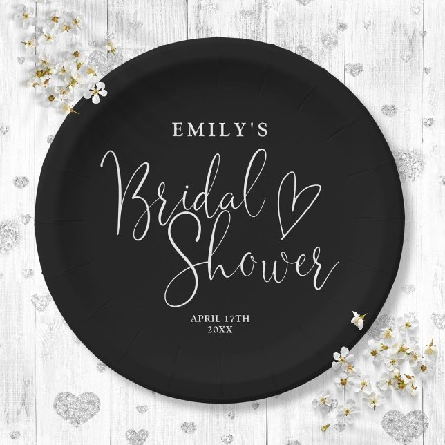 Assiettes En Carton Mariage Blanc Et Noir Calligraphie Script (Black And White Script Calligraphy Bridal Shower Paper Plates)
