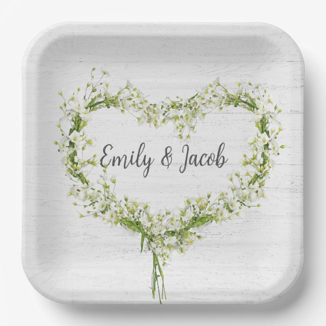 Assiettes En Carton Mariage blanc Lily Coeur sur le bois (Recto)