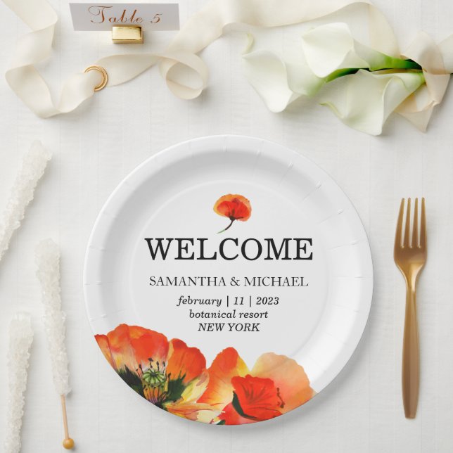 Assiettes En Carton Mariage blanc rouge fleur (Mariage)