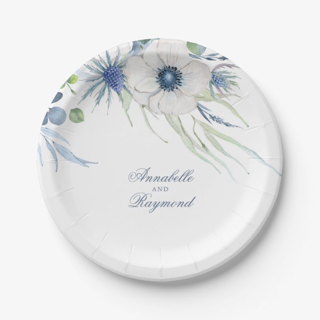 Assiettes En Carton Mariage Bleu Poussiéreux Floral et Verdure (Devant)