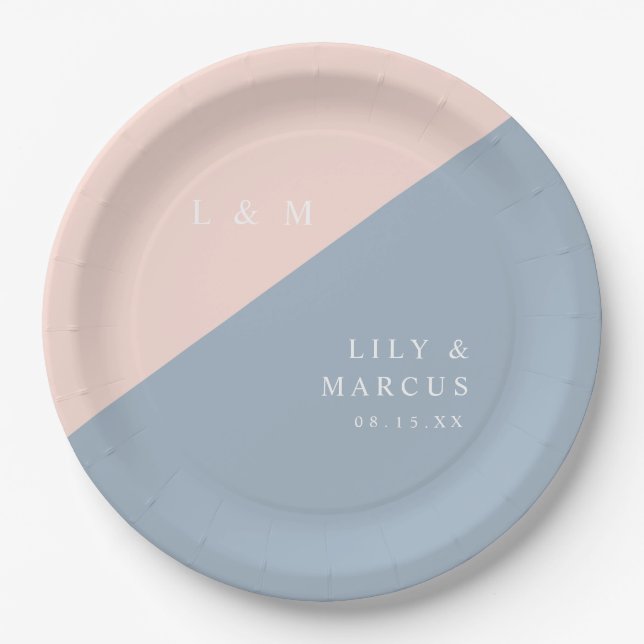 Assiettes En Carton Mariage Blush Dusty Blue Élégant Monogramme (Devant)