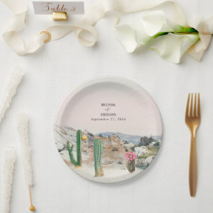 Assiettes En Carton Mariage bohème au cactus du désert à l'aquarelle