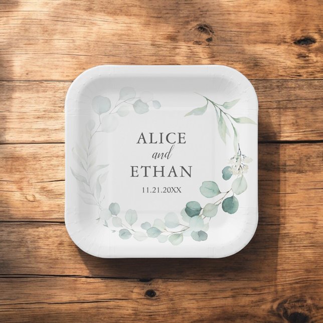 Assiettes En Carton Mariage Bohème au Feuillage d'Eucalyptus (Créateur téléchargé)