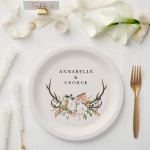 Assiettes En Carton Mariage Bohème Rustique Monogramme Floral de Bois