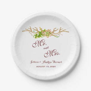 Assiettes En Carton Mariage Bois de Cerf Rustique & Fleurs Sauvages