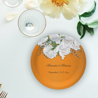 Assiettes En Carton Mariage botanique blanc orange brûlé