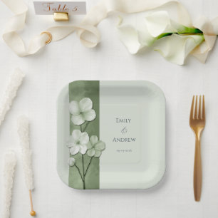 Assiettes En Carton Mariage Botanique Floral Dessiné à la Main Vert Sa