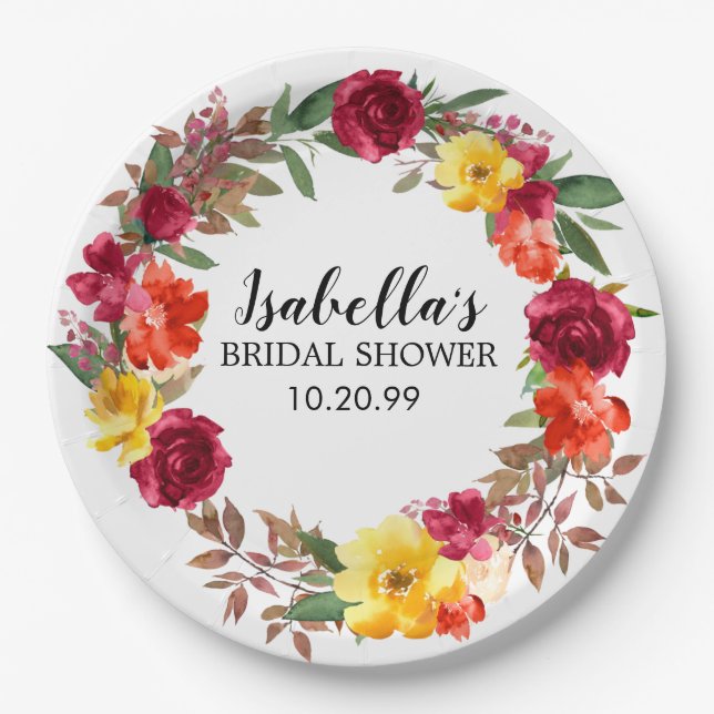 Assiettes En Carton Mariage Burgundy Rouge Orange Jaune Floral Shower (Devant)