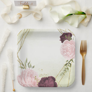 Assiettes En Carton mariage cabernet fleurs roses verdure
