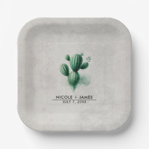 Assiettes En Carton Mariage Cactus Vert Aquarelle Sud-Ouest