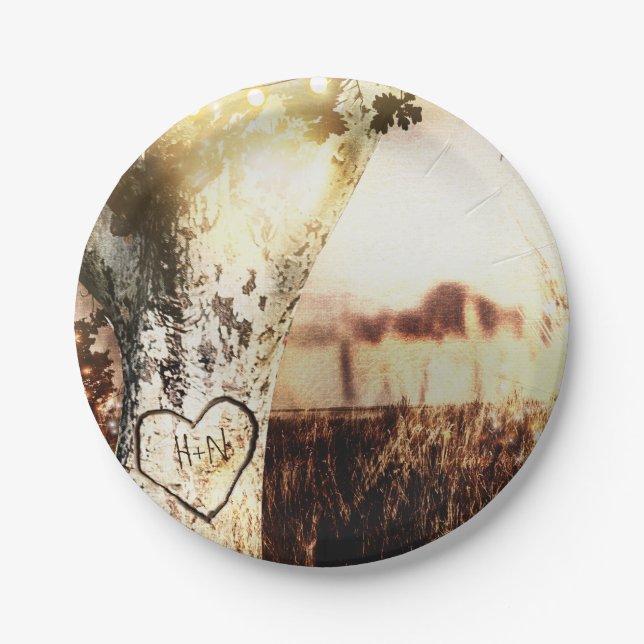 Assiettes En Carton Mariage campagnard d'éclairage rustique de l'arbre (Devant)