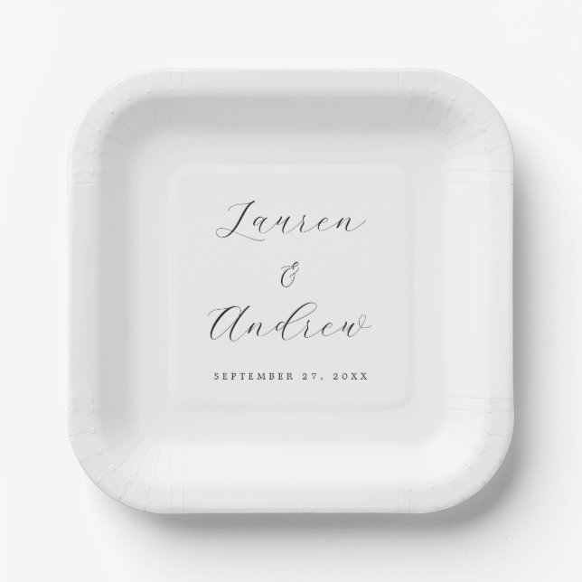 Assiettes En Carton Mariage Carré simple noir et blanc (Recto)