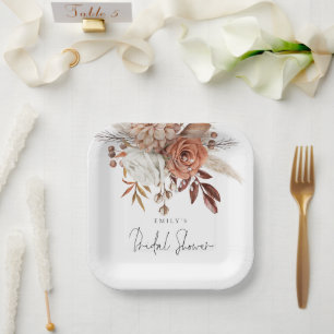 Assiettes En Carton Mariage Champêtre avec Fleurs de Terracotta Nom Sh