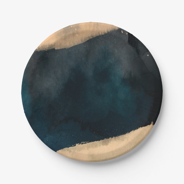 Assiettes En Carton Mariage chic aquarelle moderne bleu et corail pêch (Devant)