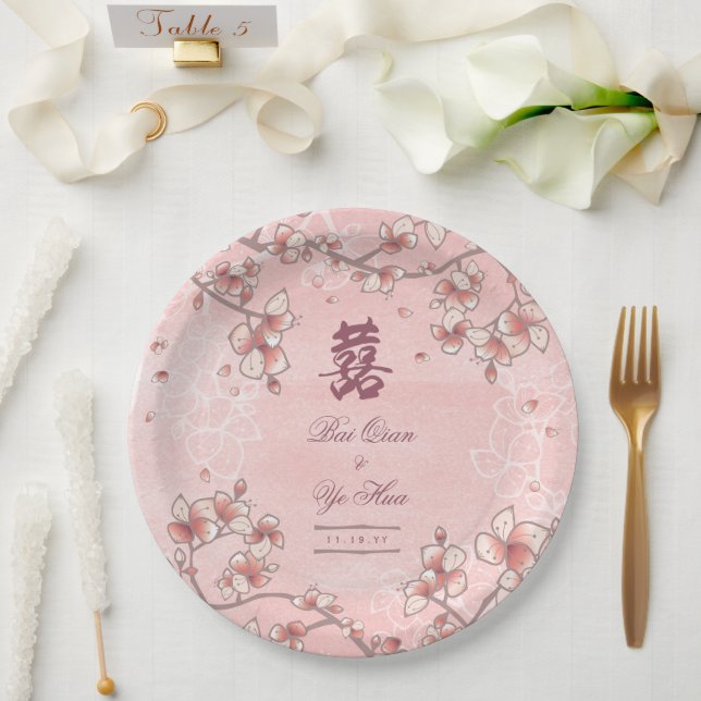 Assiettes En Carton Mariage chinois à deux fleurs de pêche (Mariage)