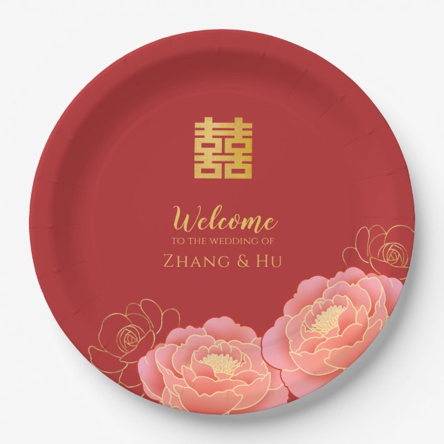 Assiettes En Carton Mariage chinois Gold Double Happy (Devant)