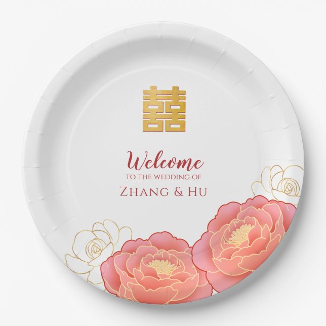 Assiettes En Carton Mariage chinois Gold Double Happy (Devant)