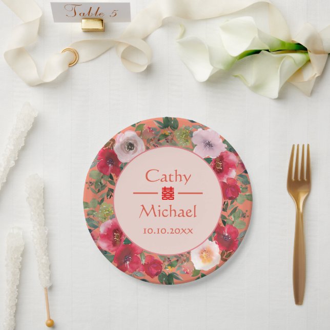 Assiettes En Carton Mariage chinois moderne orangé cercle fleuri (Mariage)
