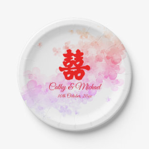 Assiettes En Carton Mariage chinois rouge aquarelle cerisier en fleurs