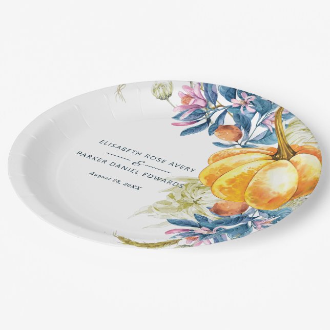 Assiettes En Carton Mariage Citrouille Floral Automne Personnalisé (Angle)