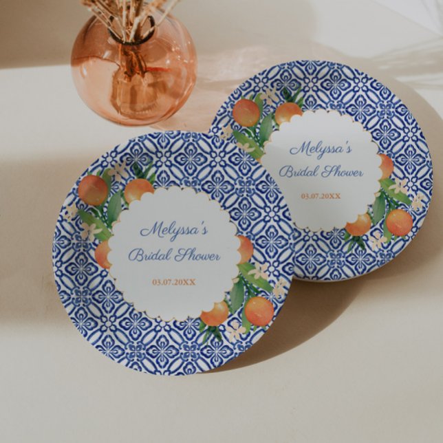 Assiettes En Carton Mariage Classique Oranges Bleu Blanc Positano (Classic oranges with blue white tile print for positano portofino bridal shower)