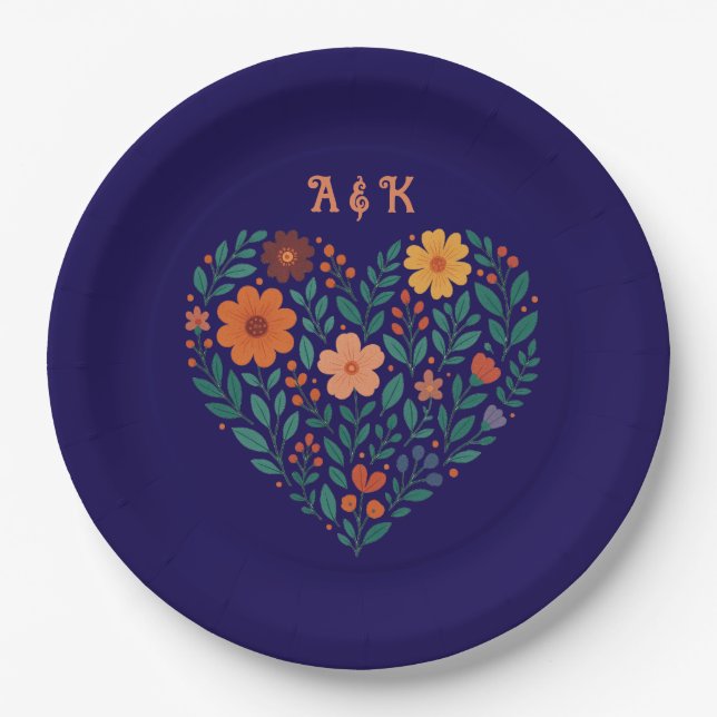 Assiettes En Carton Mariage Cœur Floral (Devant)