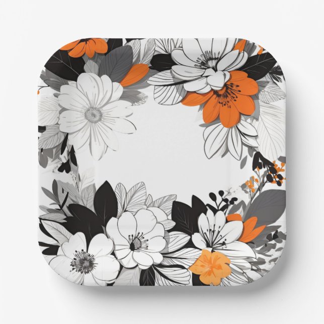 Assiettes En Carton Mariage contemporain de fleurs orange monochrome (Recto)