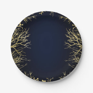 Assiettes En Carton Mariage Corail Elégant Or et Bleu Nuit