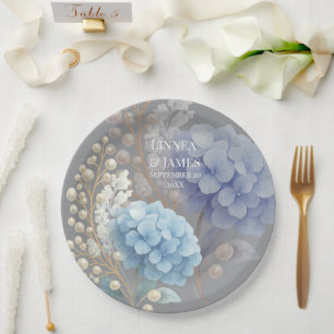 Assiettes En Carton Mariage couleur bleu d'aquarelle romantique Pearl